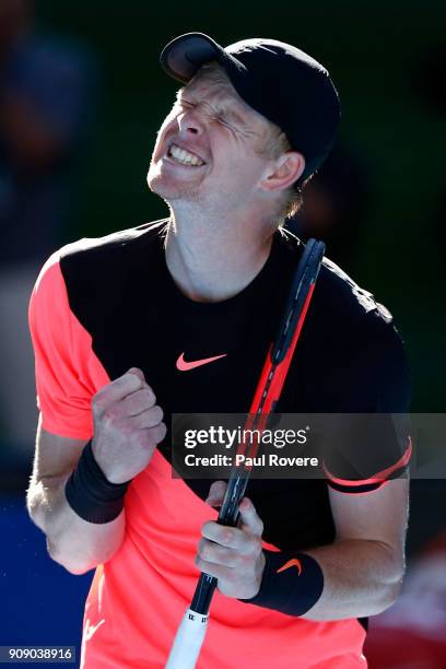 Kyle Edmund of Great Britain celebrates winning match point in his quarter-final match against Grigor Dimitrov of Bulgaria on day nine of the 2018...