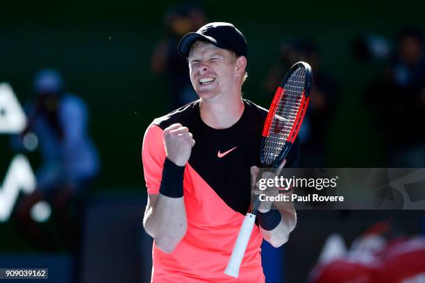 Kyle Edmund of Great Britain celebrates winning match point in his quarter-final match against Grigor Dimitrov of Bulgaria on day nine of the 2018...