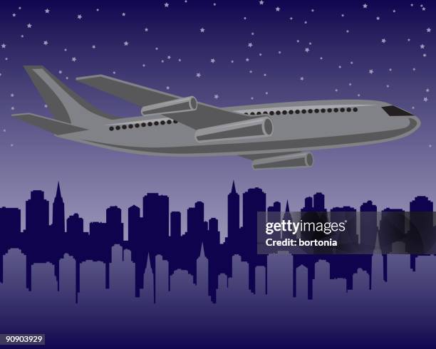 plane at night - airplane wing view stock illustrations