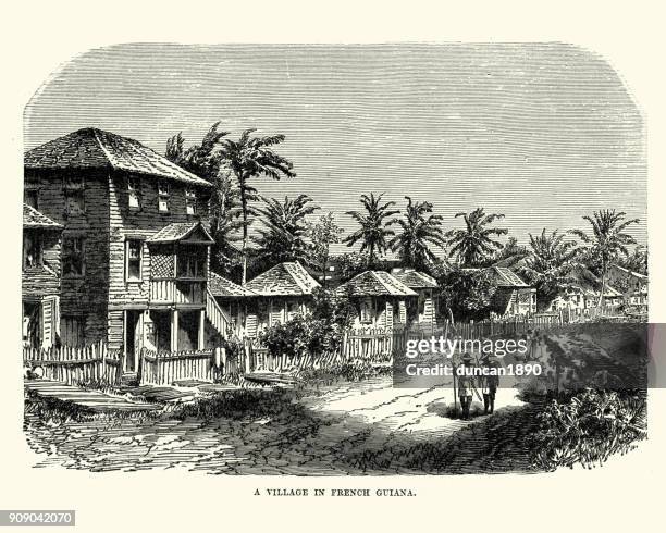 village in french guiana, 19th century - french guiana stock illustrations