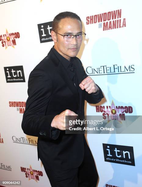 Actor/director Mark Dacascos arrives for the Premiere Of ITN Distribution's "Showdown In Manila" held at Laemmle's Ahrya Fine Arts Theatre on January...