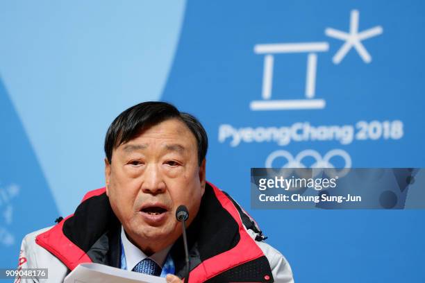 President of the PyeongChang Organizing Committee for the 2018 Olympic , Lee Hee-Beom speaks during the briefing for Opening and Closing ceremony at...