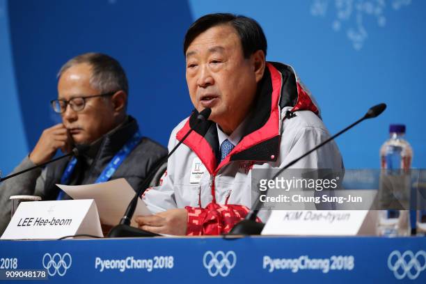 President of the PyeongChang Organizing Committee for the 2018 Olympic , Lee Hee-Beom speaks during the briefing for Opening and Closing ceremony at...