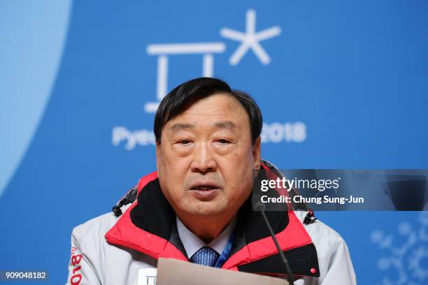 President of the PyeongChang Organizing Committee for the 2018 Olympic , Lee Hee-Beom speaks during the briefing for Opening and Closing ceremony at...