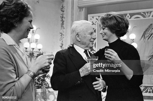 Charlie Chaplin celebrates his 77th birthday on the set at Pinewood where he is making a new film 'A Countess from Hong Kong'. Pictured, Charlie...