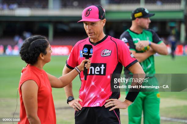 Johan Botha of the Sixers is interviewed prior to the Big Bash League match between the Sydney Sixers and the Melbourne Stars at Sydney Cricket...