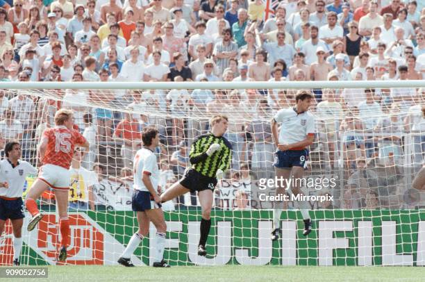England v Soviet Union 1-3 1988 European Championships, Hanover Germany Group Match B. Goal keeper Chris Woods and Tony Adams defend the England...