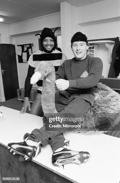 West Bromwich Albion Players, Cyrille Regis and Derek Statham wearing fancy dress costumes in dressing room, 26th October 1983. The WBA players know...