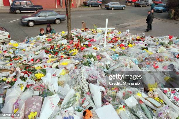 Floral tributes for James Bulger, on the day of his funeral, 1st March 1993.