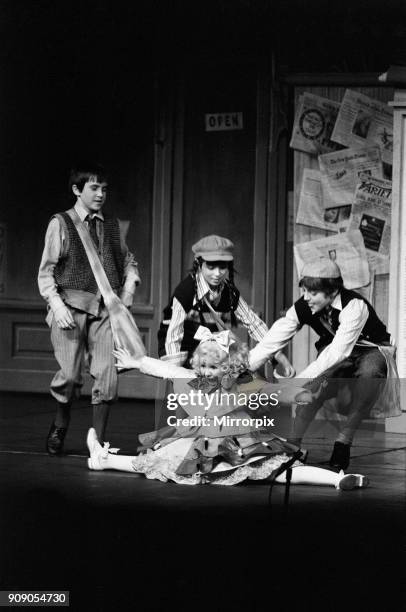 Some of the cast on stage during a special dress rehearsal for 'Gypsy' at the Piccadilly Theatre. Baby June, played by Bonnie Langford, does the...