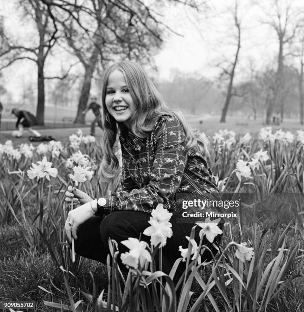 Linda Blair, aged 15, who is the child star of the film 'The Exorcist'. Pictured amongst the daffodils in Kensington Gardens, London, 24th March 1974.