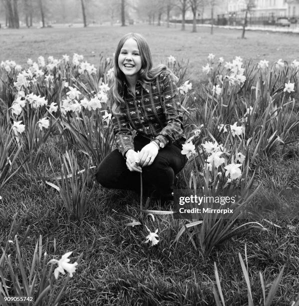 Linda Blair, aged 15, who is the child star of the film 'The Exorcist'. Pictured amongst the daffodils in Kensington Gardens, London, 24th March 1974.