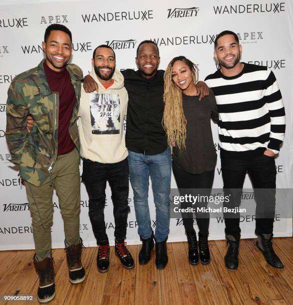 Jay Ellis, Omari Hardwick, Qasim Basir, Meagan Good and Dijon Talton attend the WanderLuxxe House with Apex Social Club and Tesla presents A BOY. A...