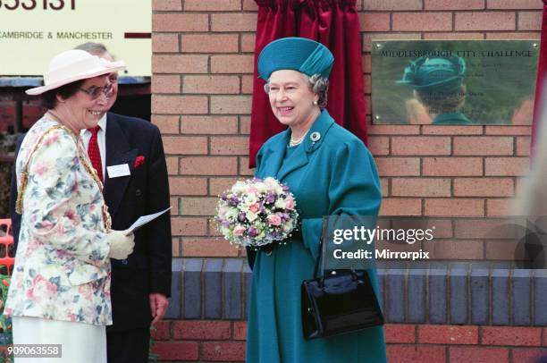 Queen Elizabeth II visiting Middlesbrough to open Pallister Park. The mayor of Middlesbrough, Eileen Berryman was also in attendance, 18th May 1993.