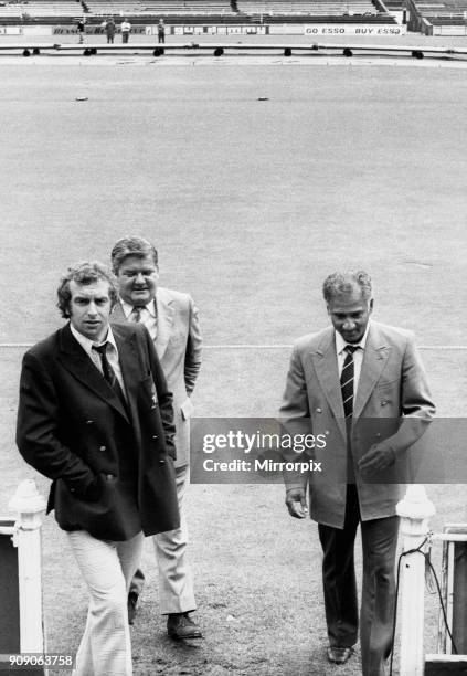 Young England captain David Lloyd Lancashire CCC Secretary Jack Wood and West Indies captain Rohan Kanhai leaving the pitch after the decision that...