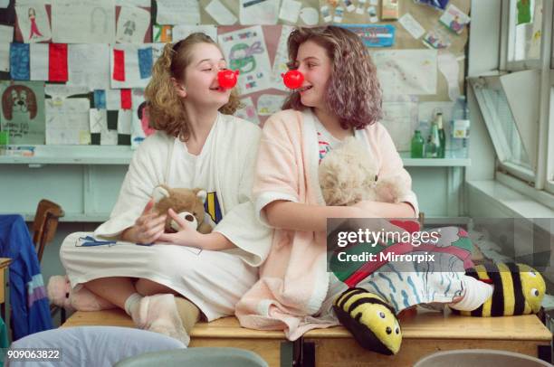 Pupils from Turves Green Girls School in Longbridge who were allowed to dress in night wear in order to raise money for Comic Relief, 15th March 1991.