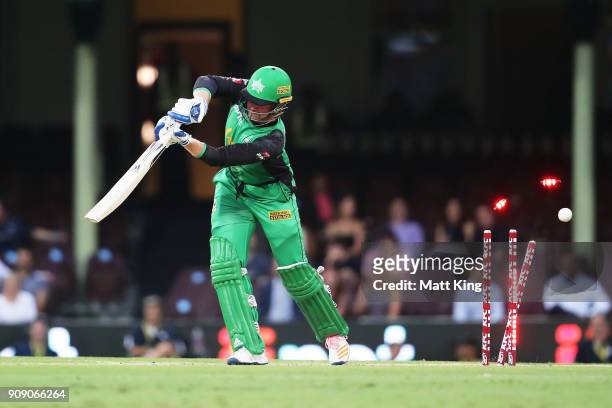 Ben Dunk of the Stars is bowled by Ben Dwarshuis of the Sixers during the Big Bash League match between the Sydney Sixers and the Melbourne Stars at...