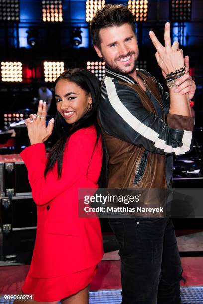 Debbie Schippers and Thore Schoelermann pose during the 'The voice Kids' photo call at Studio Adlershof on January 22, 2018 in Berlin, Germany.