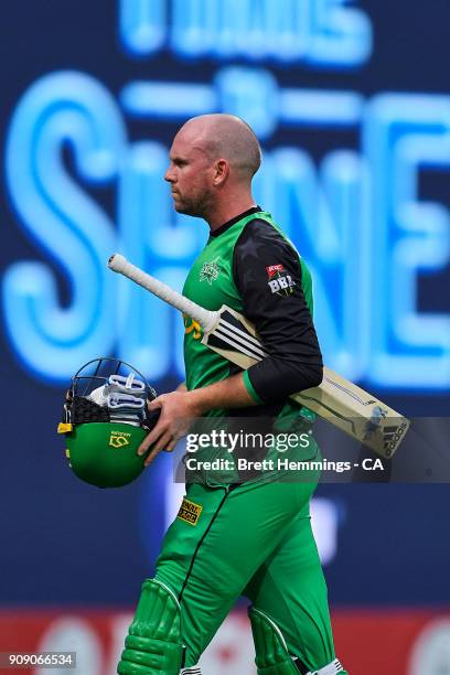 Ben Dunk of the Stars walks from the field after being dismissed by Ben Dwarshuis of the Sixers during the Big Bash League match between the Sydney...