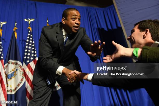 Newly elected Virginia Lieutenant Governor, Democrat Justin Fairfax greets the audience as he takes the stage at his victory rally at George Mason...