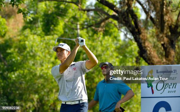 Johannes Veerman of the USA plays a shot during practice ahead of the Leopalace21 Myanmar Open at Pun Hlaing Golf Club on January 23, 2018 in Yangon,...