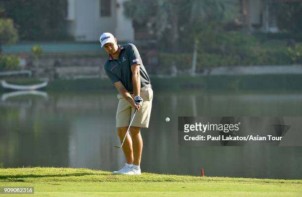 Jake Higginbottom of Australia plays a shot during practice ahead of the Leopalace21 Myanmar Open at Pun Hlaing Golf Club on January 23, 2018 in...