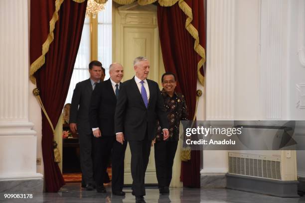 Defence Secretary James Mattis arrives at Presidential Palace in Jakarta, Indonesia on January 23, 2018. Mattis' trip to Asia aims to improve...