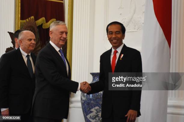 Defence Secretary James Mattis shakes hands with Indonesian President Joko Widodo at Presidential Palace in Jakarta, Indonesia on January 23, 2018....