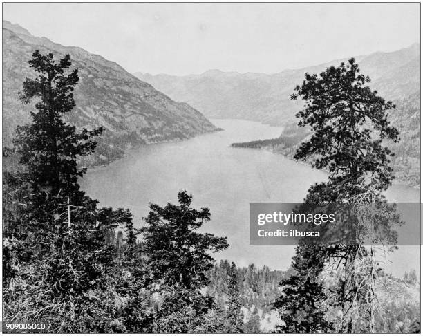 antique photograph of world's famous sites: lake chelan, washington - lake chelan stock illustrations