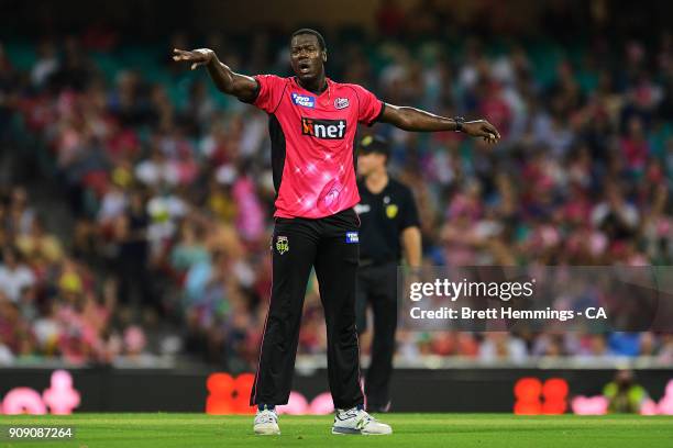 Carlos Brathwaite of the Sixers celebrates taking the wicket of Glenn Maxwell of the Stars during the Big Bash League match between the Sydney Sixers...