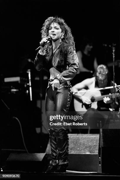 Gloria Estefan performing with Miami Sound Machine at Radio City Music Hall in New York City on July 26, 1988.