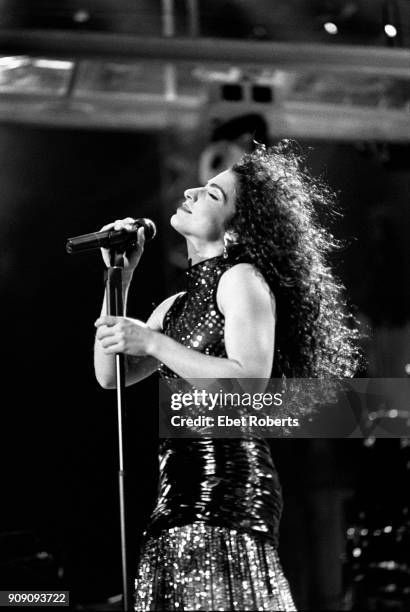 Gloria Estefan performing with Miami Sound Machine at Madison Square Garden in New York City on September 27, 1991.