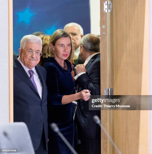 2nd President of the Palestinian National Authority Mahmoud Abbas is welcomed by the EU High Representative of the Union for Foreign Affairs and...