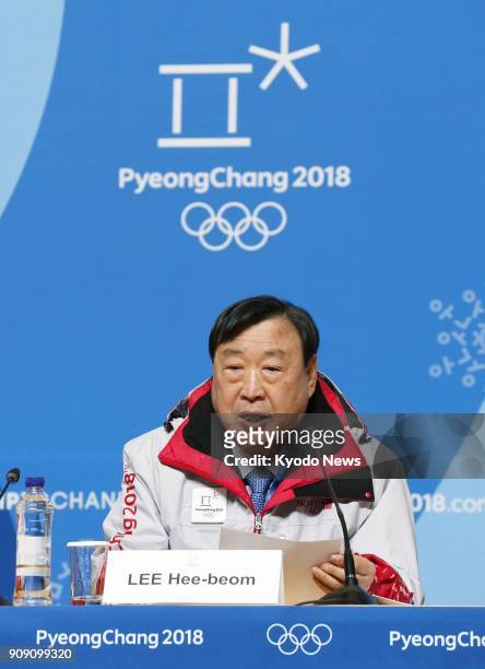 Lee Hee Beom, president of the Pyeongchang Olympics' organizing committee, speaks about the opening and closing ceremonies of the games at a press...