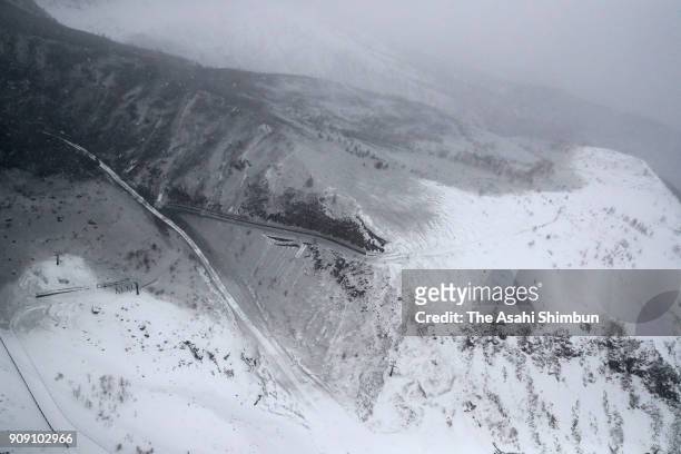In this aerial image, parts of Kusatsu Kokusai Ski Resort is covered with volcanic ashes on January 23, 2018 in Kusatsu, Gunma, Japan....