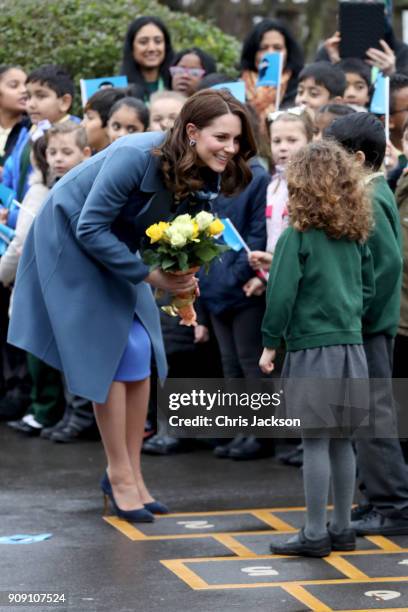 Catherine, Duchess of Cambridge visits Roe Green Junior School on January 23, 2018 in London, England to launch a programme that supports children's...