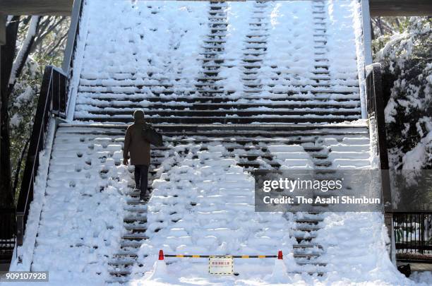 Man walks on the snow covered step at Yoyogi Park on January 23, 2018 in Tokyo, Japan. The snowstorm affected traffic and public transport in the...
