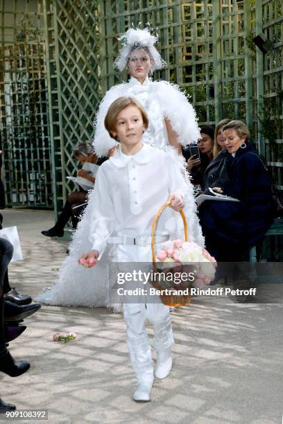 Godson of Karl Lagerfeld, Hudson Kroenig walks the runway at the end of the Chanel Haute Couture Spring Summer 2018 show as part of Paris Fashion...