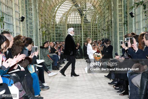 Stylist Karl Lagerfeld and his Godson Hudson Kroenig walk the runway at the end of the Chanel Haute Couture Spring Summer 2018 show as part of Paris...