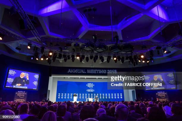 Indian Prime Minister Narendra Modi gestures as he delivers his speech at the opening day the World Economic Forum 2018 annual meeting, on January...