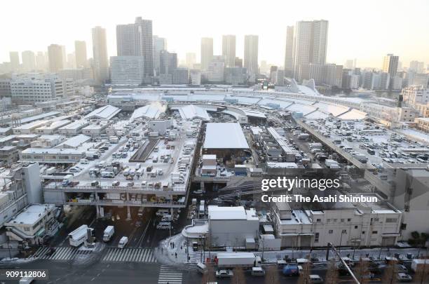 Tsukiji Fish Market is covered with snow on January 23, 2018 in Tokyo, Japan. The snowstorm affected traffic and public transport in the capital and...