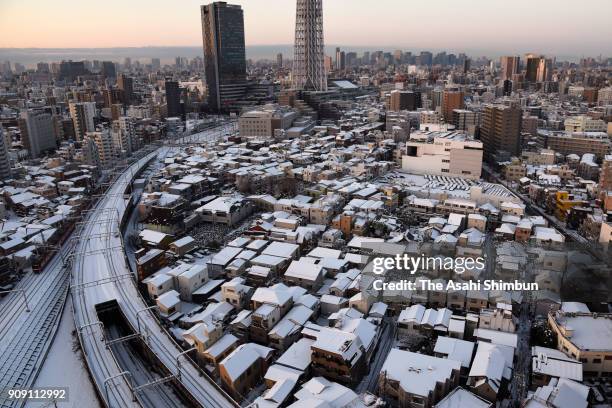 Snow covered Tokyo is seen on January 23, 2018 in Tokyo, Japan. The snowstorm affected traffic and public transport in the capital and surrounding...