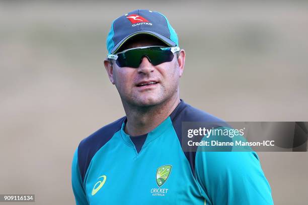 Ryan Harris, coach of Australia, looks on ahead of the ICC U19 Cricket World Cup Quarter Final match between England and Australia at John Davies...