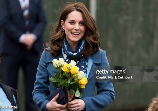 Catherine, Duchess of Cambridge visits Roe Green Junior School on January 23, 2018 in London, England. The Duchess was there to launch a programme...