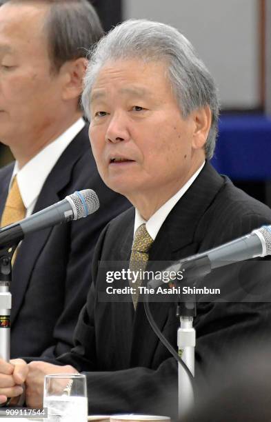 Keidanren President Sadayuki Sakakibara speaks during the negotiation of the Keidanren and Rengo as the spring wage negotiation begins on January 23,...