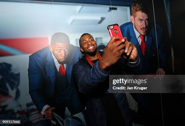 Joel Fearon takes a selfie during the Team GB Kitting Out Ahead Of Pyeongchang 2018 Winter Olympic Games at Adidas headquarters on January 23, 2018...