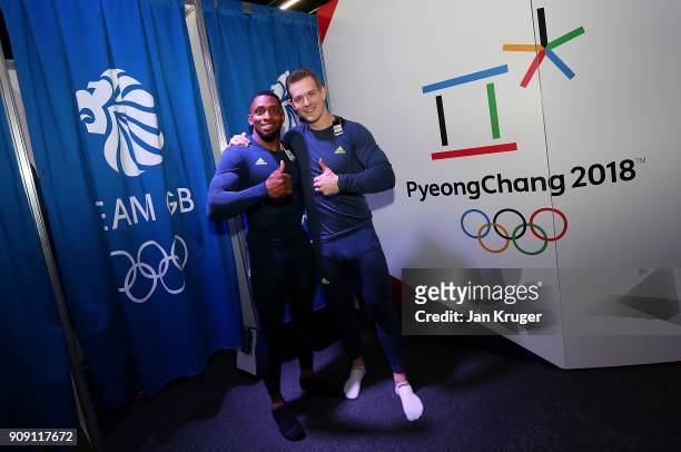 Joel Fearon and Bradley Hall pose during the Team GB Kitting Out Ahead Of Pyeongchang 2018 Winter Olympic Games at Adidas headquarters on January 23,...