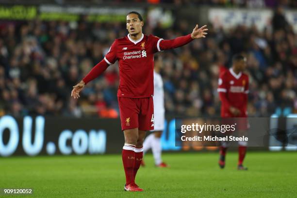 Virgil van Dijk of Liverpool during the Premier League match between Swansea City and Liverpool at the Liberty Stadium on January 22, 2018 in...