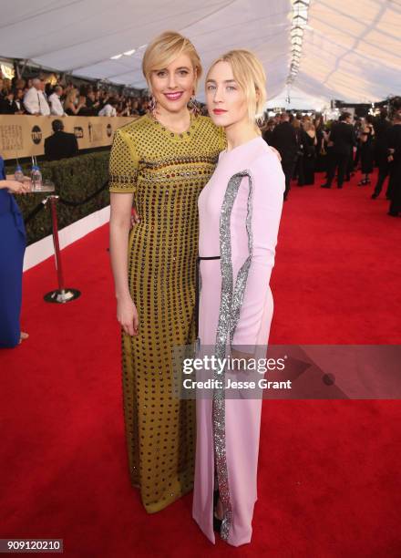 Filmmaker Greta Gerwig and filmmaker Saoirse Ronan attend the 24th Annual Screen Actors Guild Awards at The Shrine Auditorium on January 21, 2018 in...