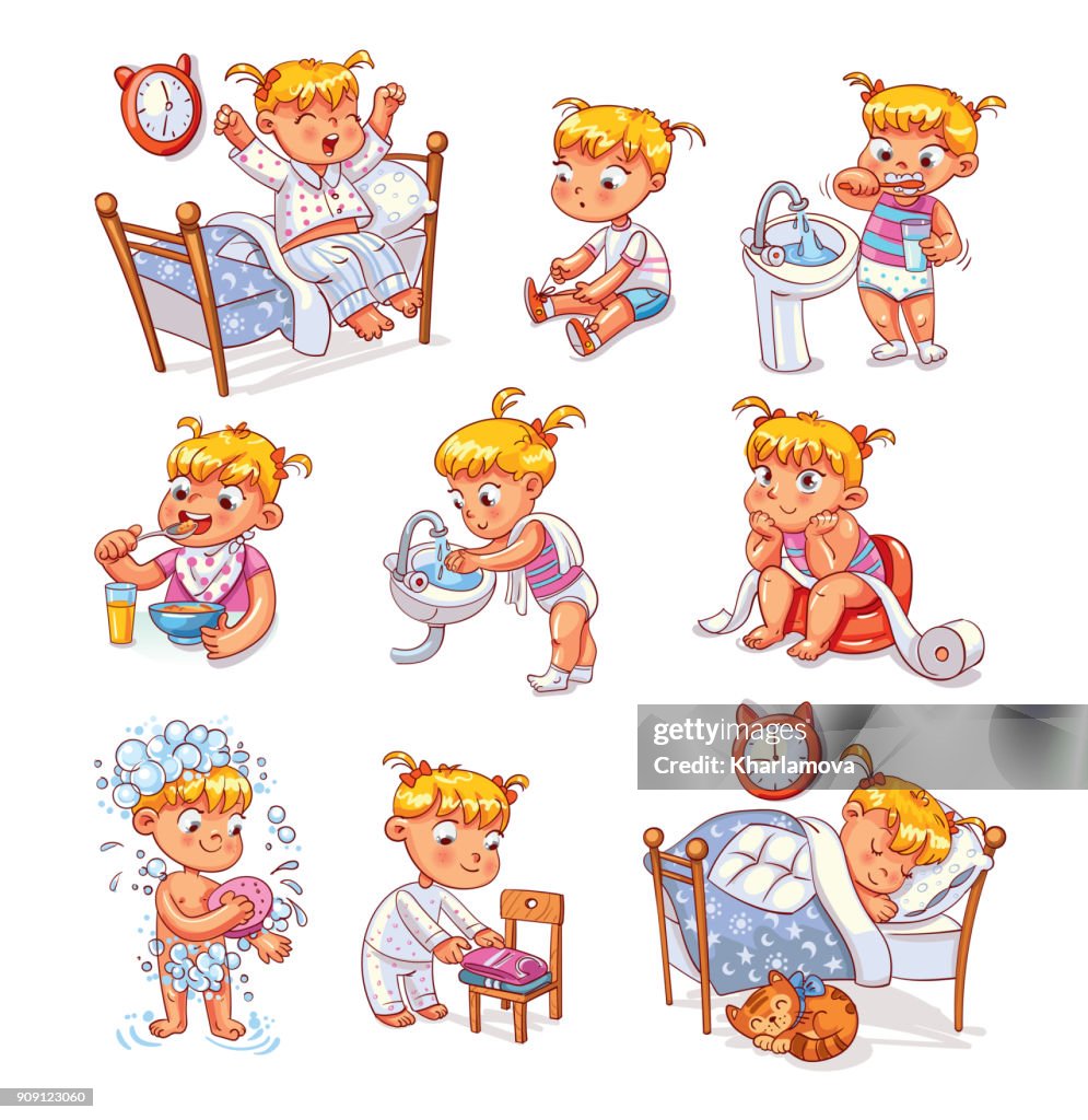Cartoon Doable Routine Cartoon Kid Daily Routine Activities Set High-Res Vector Graphic ...
